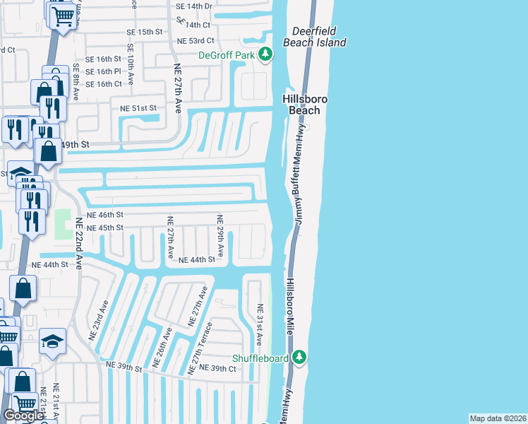 map of restaurants, bars, coffee shops, grocery stores, and more near 3031 Northeast 45th Street in Lighthouse Point
