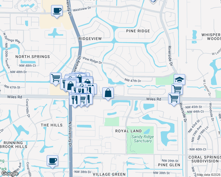 map of restaurants, bars, coffee shops, grocery stores, and more near 8811 Wiles Road in Coral Springs