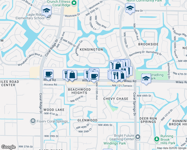 map of restaurants, bars, coffee shops, grocery stores, and more near 11063 Northwest 46th Drive in Coral Springs