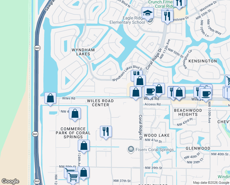 map of restaurants, bars, coffee shops, grocery stores, and more near 11866 Wiles Road in Tamarac