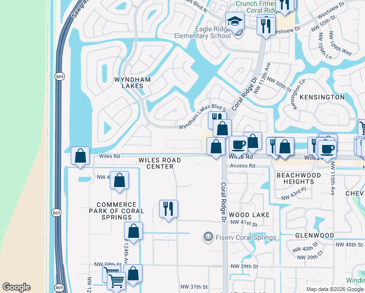 map of restaurants, bars, coffee shops, grocery stores, and more near 11866 Wiles Road in Tamarac