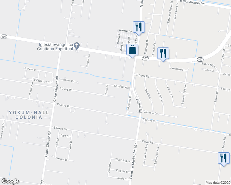 map of restaurants, bars, coffee shops, grocery stores, and more near 5101 East Curry Road in Edinburg
