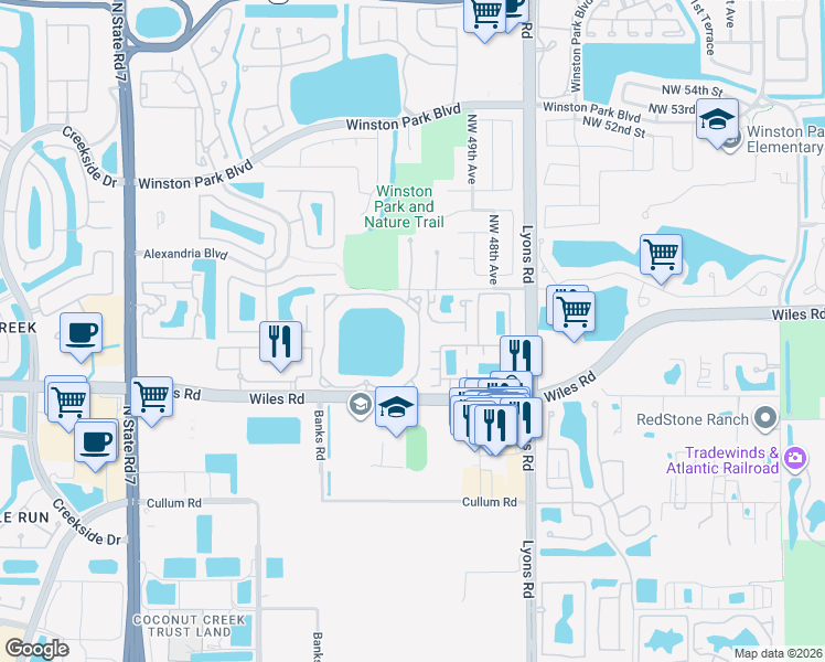 map of restaurants, bars, coffee shops, grocery stores, and more near 5055 Wiles Road in Coconut Creek