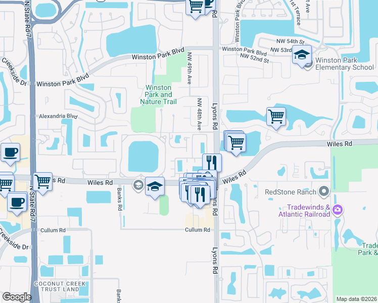 map of restaurants, bars, coffee shops, grocery stores, and more near 4776 Lago Vista Drive in Coconut Creek