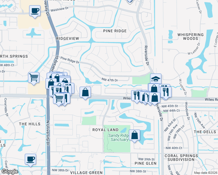 map of restaurants, bars, coffee shops, grocery stores, and more near 8565 Northwest 47th Street in Coral Springs