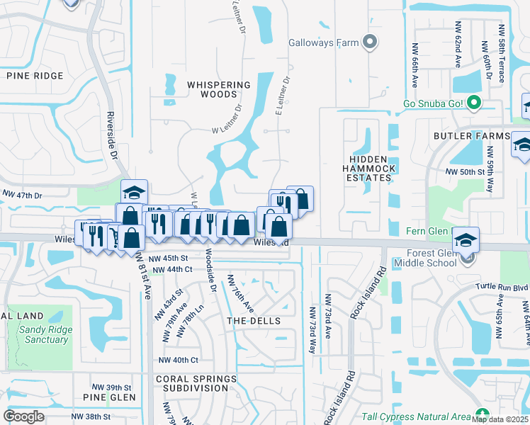 map of restaurants, bars, coffee shops, grocery stores, and more near 4700 East Leitner Drive in Coral Springs