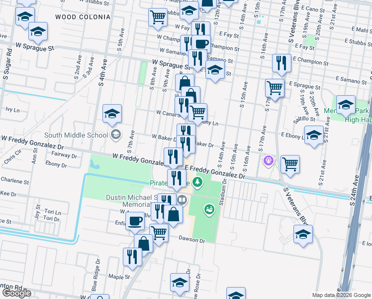 map of restaurants, bars, coffee shops, grocery stores, and more near 1512 South Closner Boulevard in Edinburg