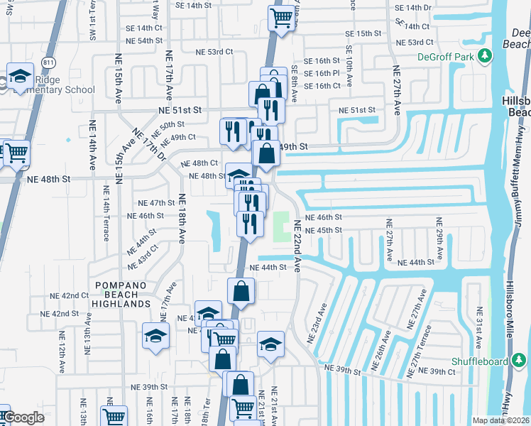 map of restaurants, bars, coffee shops, grocery stores, and more near 352 Northeast 21st Terrace in Lighthouse Point