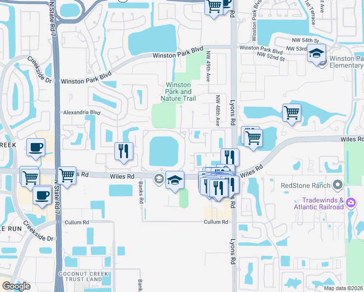 map of restaurants, bars, coffee shops, grocery stores, and more near 5055 Wiles Road in Coconut Creek