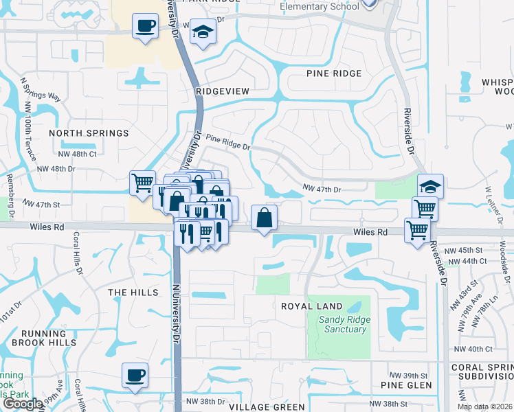 map of restaurants, bars, coffee shops, grocery stores, and more near 8931 Palm Drive in Coral Springs