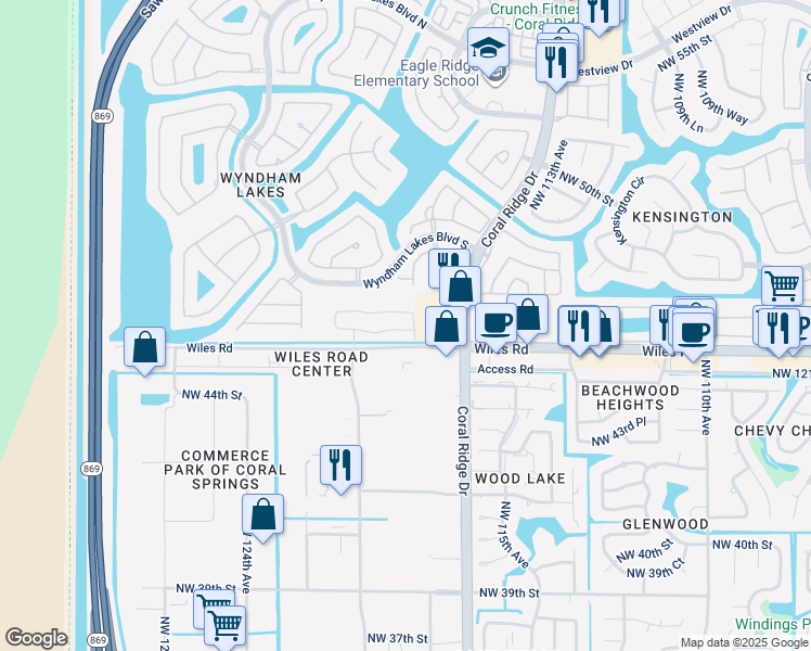 map of restaurants, bars, coffee shops, grocery stores, and more near 11809-12031 Wiles Road in Coral Springs