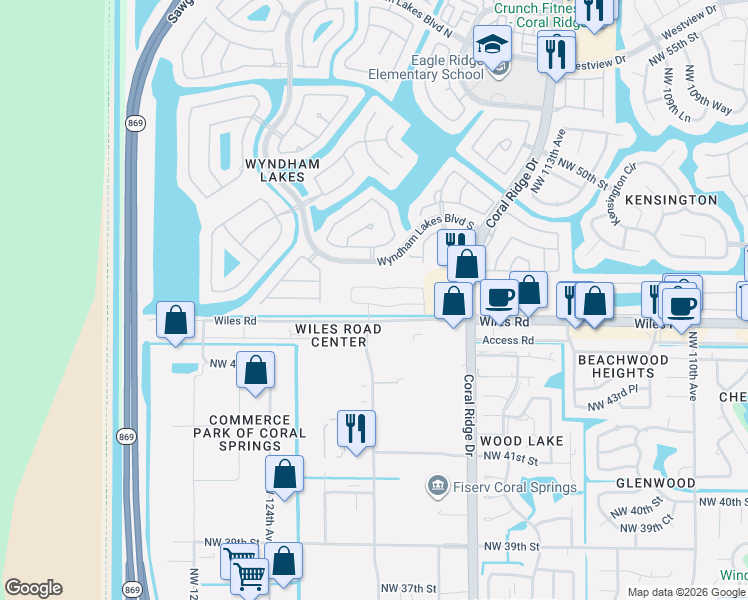 map of restaurants, bars, coffee shops, grocery stores, and more near 11866 Wiles Road in Tamarac