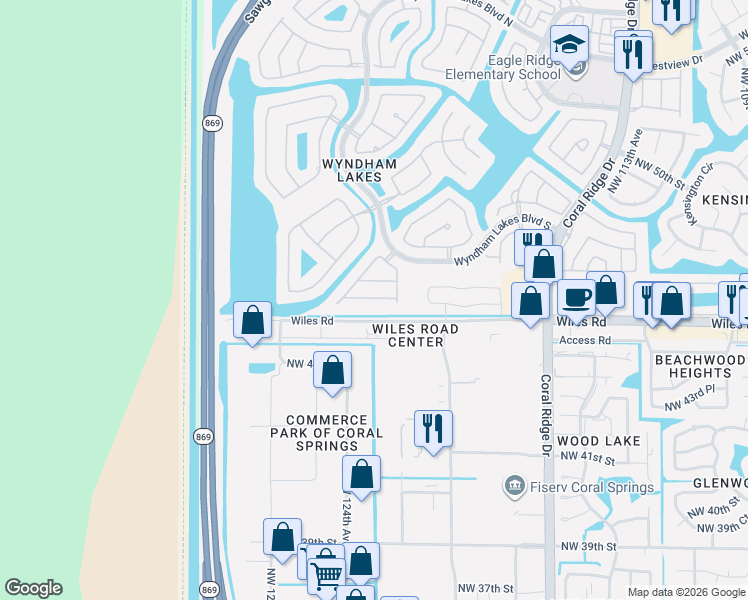 map of restaurants, bars, coffee shops, grocery stores, and more near 12292 Wiles Road in Coral Springs