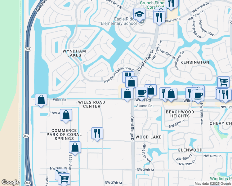 map of restaurants, bars, coffee shops, grocery stores, and more near 11809-12031 Wiles Road in Coral Springs