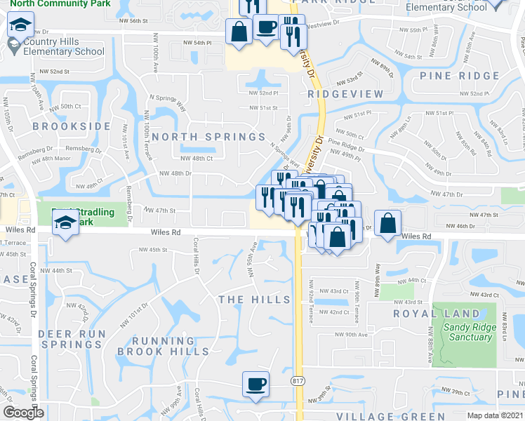 map of restaurants, bars, coffee shops, grocery stores, and more near 4650 North University Drive in Coral Springs