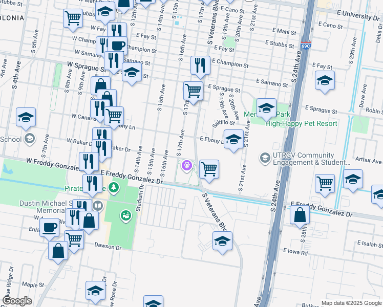 map of restaurants, bars, coffee shops, grocery stores, and more near 1313 South 18th Avenue in Edinburg