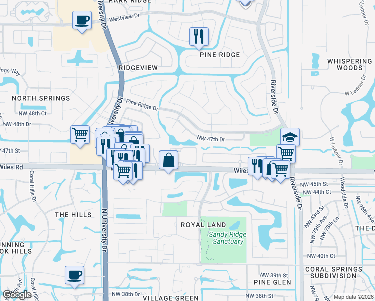map of restaurants, bars, coffee shops, grocery stores, and more near 8688 Northwest 47th Drive in Coral Springs