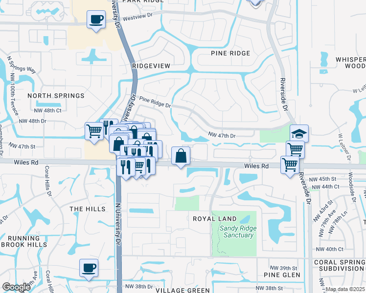 map of restaurants, bars, coffee shops, grocery stores, and more near 4727 Northwest 87th Lane in Coral Springs