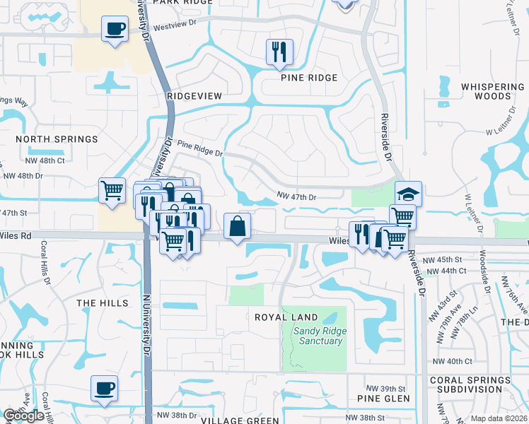 map of restaurants, bars, coffee shops, grocery stores, and more near 8688 Northwest 47th Drive in Coral Springs