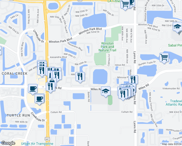 map of restaurants, bars, coffee shops, grocery stores, and more near 5021 Wiles Road in Coconut Creek