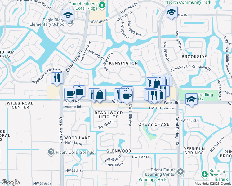 map of restaurants, bars, coffee shops, grocery stores, and more near 11238 Northwest 46th Drive in Coral Springs