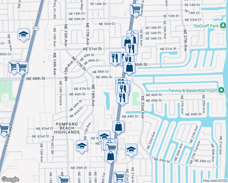 map of restaurants, bars, coffee shops, grocery stores, and more near 4611 North Federal Highway in Pompano Beach