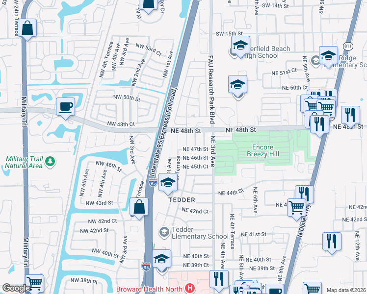 map of restaurants, bars, coffee shops, grocery stores, and more near 4730 Northeast 1st Terrace in Pompano Beach
