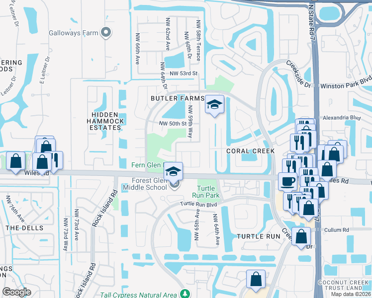 map of restaurants, bars, coffee shops, grocery stores, and more near 6099 Northwest 48th Court in Coral Springs