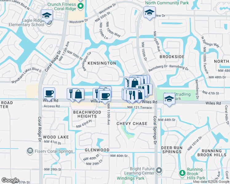 map of restaurants, bars, coffee shops, grocery stores, and more near 10925 Northwest 46th Drive in Coral Springs