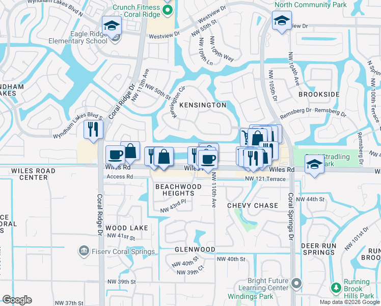map of restaurants, bars, coffee shops, grocery stores, and more near 11238 Northwest 46th Drive in Coral Springs