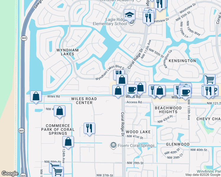 map of restaurants, bars, coffee shops, grocery stores, and more near 4674 Coral Ridge Drive in Coral Springs
