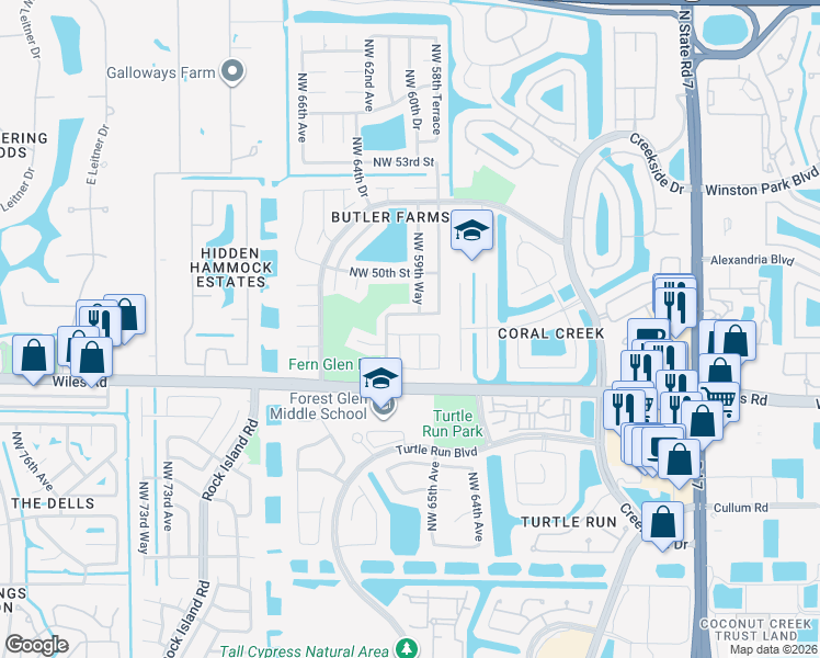 map of restaurants, bars, coffee shops, grocery stores, and more near 6099 Northwest 48th Court in Coral Springs