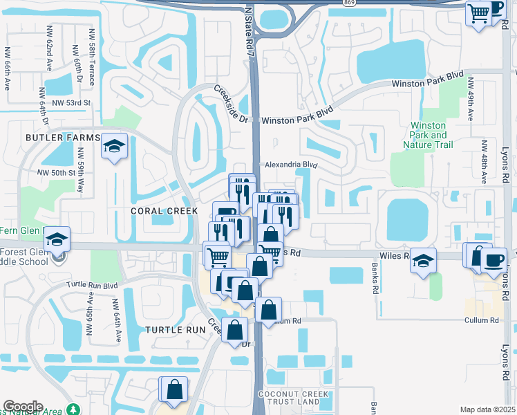 map of restaurants, bars, coffee shops, grocery stores, and more near 5762 Northwest 48th Drive in Coral Springs