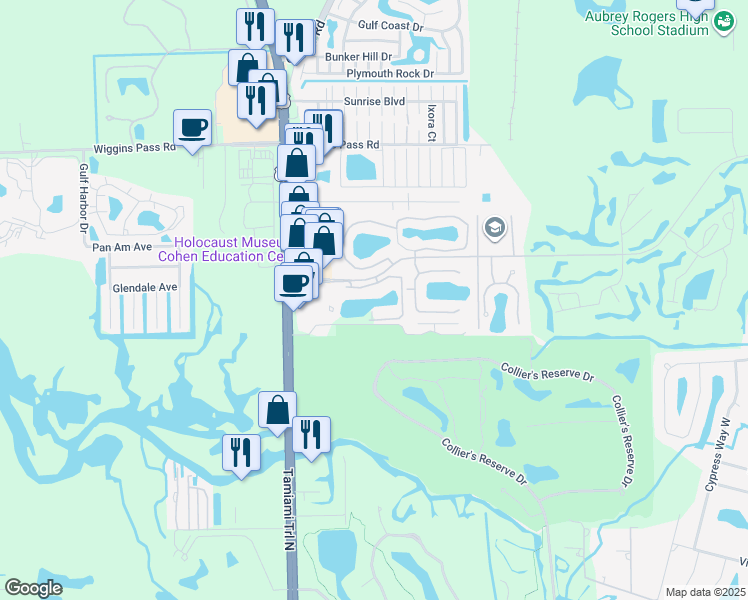 map of restaurants, bars, coffee shops, grocery stores, and more near 1032 Manor Lake Drive in Naples