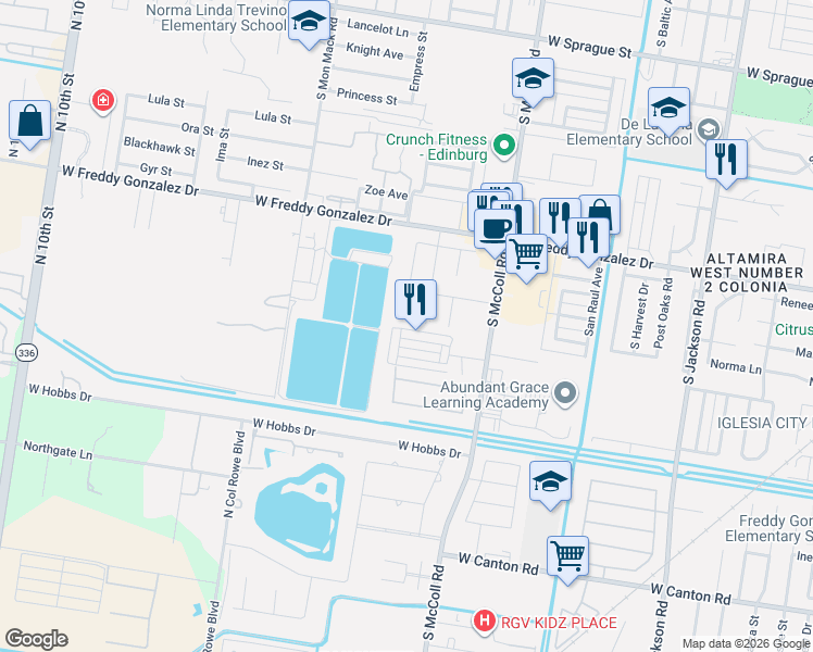 map of restaurants, bars, coffee shops, grocery stores, and more near 3151 Regal Drive in Edinburg