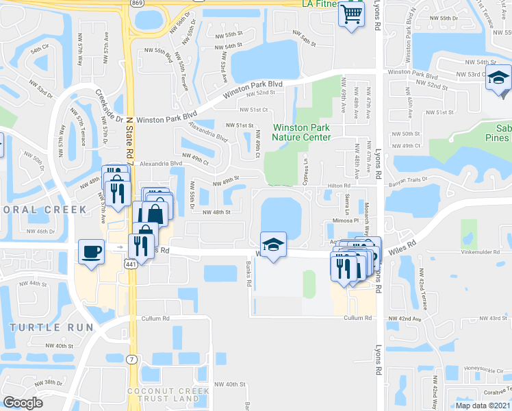 map of restaurants, bars, coffee shops, grocery stores, and more near 5011 Wiles Road in Coconut Creek