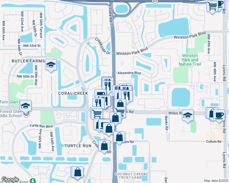 map of restaurants, bars, coffee shops, grocery stores, and more near 5762 Northwest 48th Drive in Coral Springs