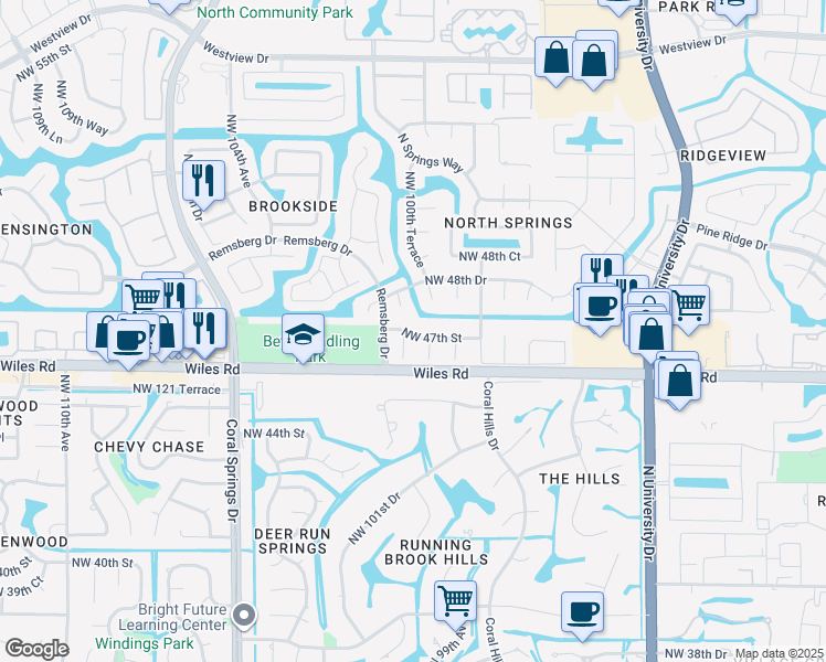 map of restaurants, bars, coffee shops, grocery stores, and more near 4712 Northwest 100th Terrace in Coral Springs