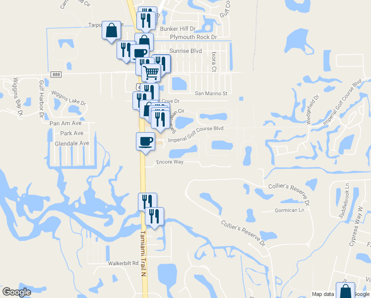 map of restaurants, bars, coffee shops, grocery stores, and more near 1016 Manor Lake Drive in Naples