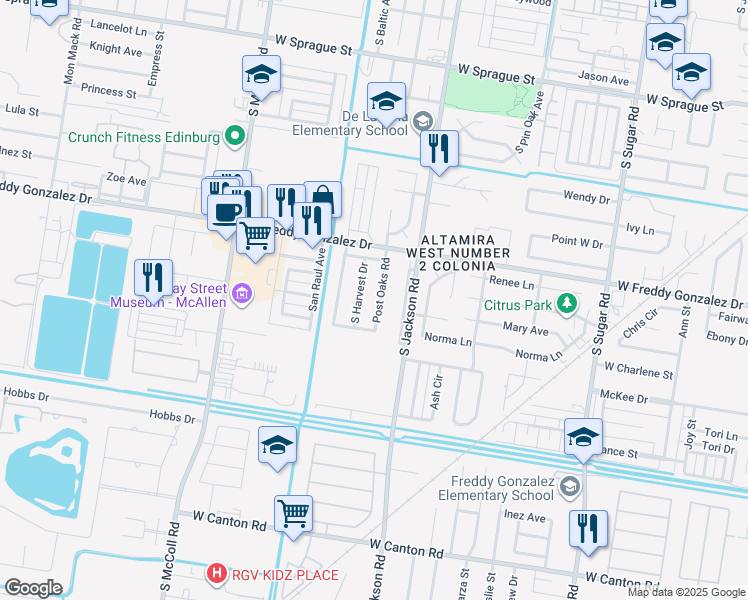 map of restaurants, bars, coffee shops, grocery stores, and more near 1719 South Harvest Drive in Edinburg