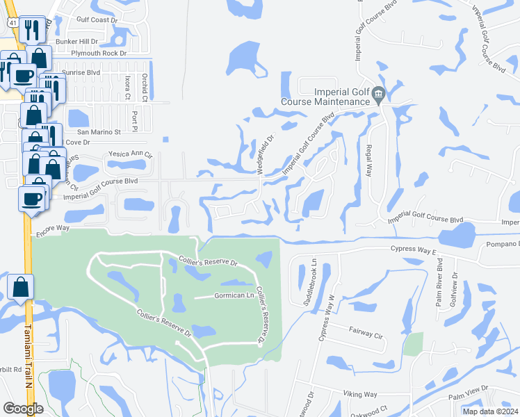 map of restaurants, bars, coffee shops, grocery stores, and more near 1584 Imperial Golf Course Boulevard in Naples