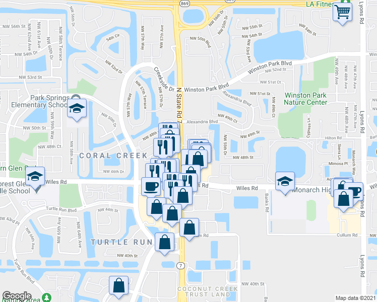 map of restaurants, bars, coffee shops, grocery stores, and more near 5762 Northwest 48th Drive in Coral Springs