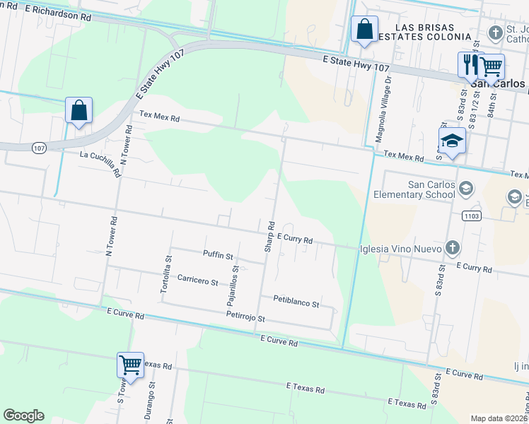 map of restaurants, bars, coffee shops, grocery stores, and more near 621S Sharp Road in Edinburg