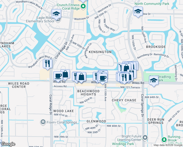 map of restaurants, bars, coffee shops, grocery stores, and more near 11238 Northwest 46th Drive in Coral Springs