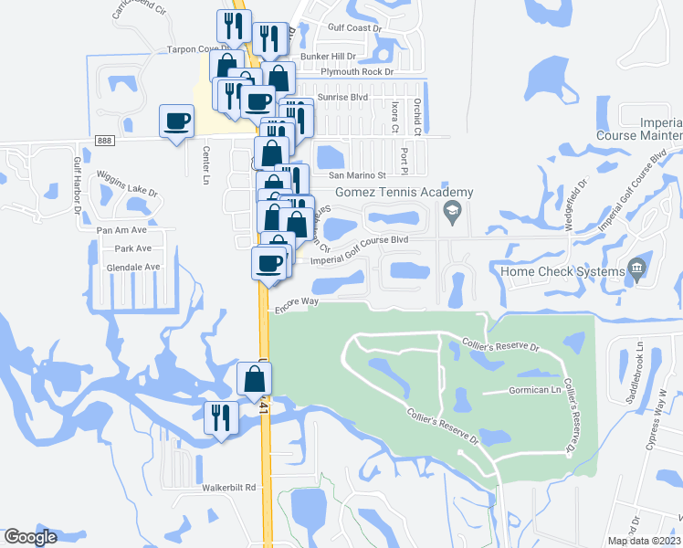 map of restaurants, bars, coffee shops, grocery stores, and more near 1016 Manor Lake Drive in Naples