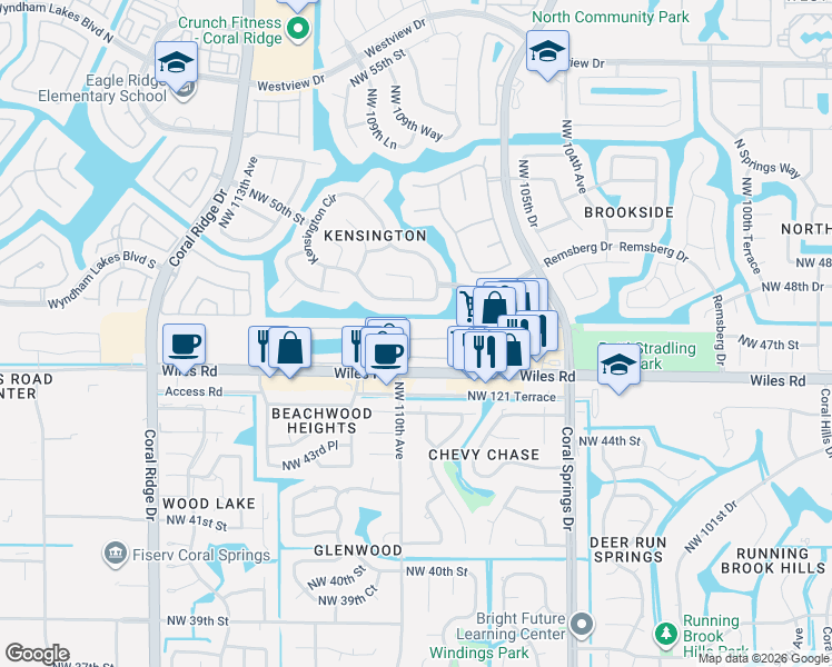 map of restaurants, bars, coffee shops, grocery stores, and more near 10925 Northwest 46th Drive in Coral Springs