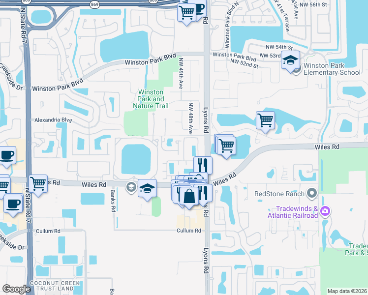 map of restaurants, bars, coffee shops, grocery stores, and more near 4758 Sierra Lane in Coconut Creek