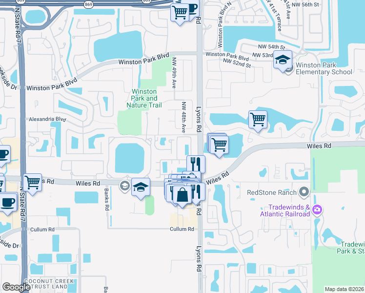 map of restaurants, bars, coffee shops, grocery stores, and more near 4758 Sierra Lane in Coconut Creek