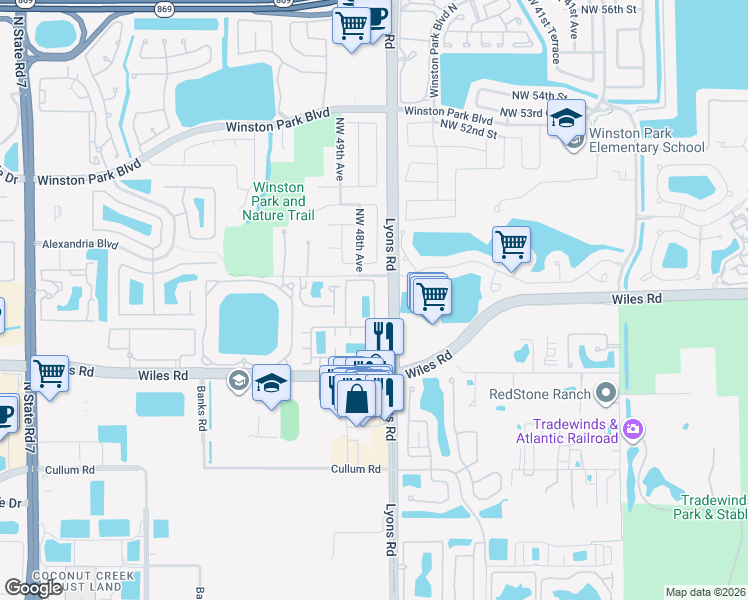 map of restaurants, bars, coffee shops, grocery stores, and more near 4743 Monarch Way in Coconut Creek