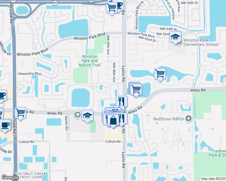 map of restaurants, bars, coffee shops, grocery stores, and more near 4770 Sierra Lane in Coconut Creek